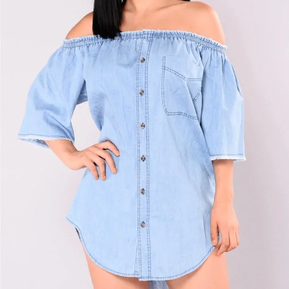 Off the shoulder denim dress fashion nova deals